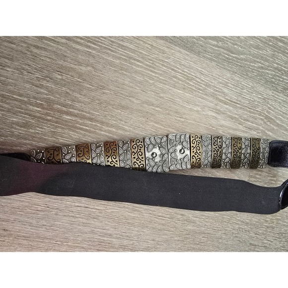Chic Rectangular Medallion Stretch Belt Black Elastic Accented Color BlockSilver